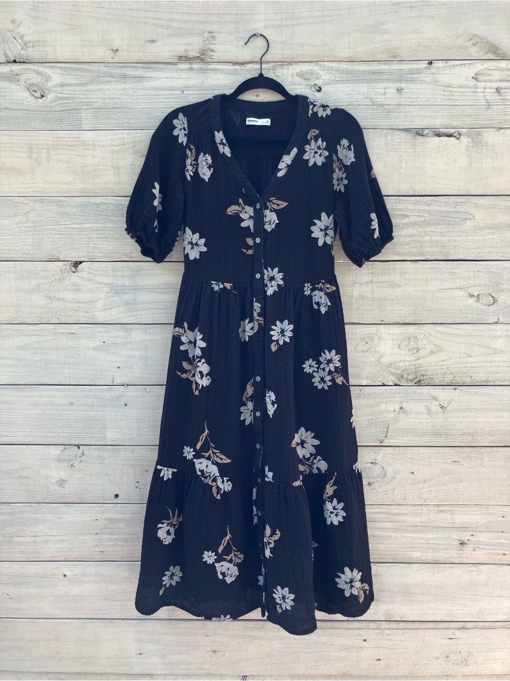 Sonoma Black Midi Dress with White Floral Print fall transition